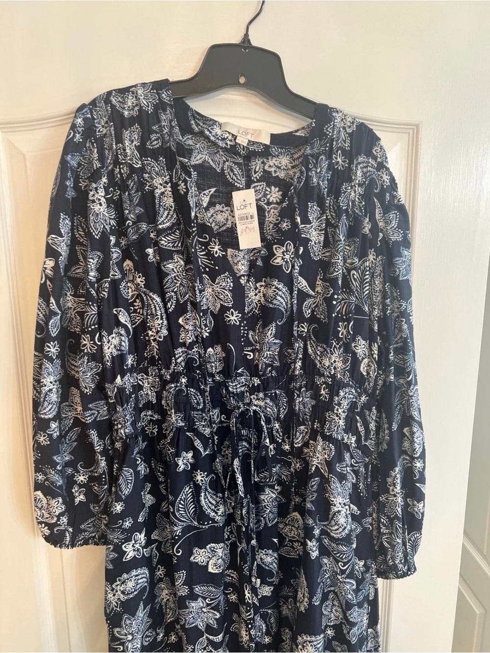 LOFT Navy and White Paisley Floral Long-Sleeve Tiered Dress